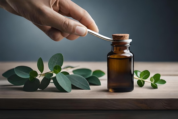 A person is holding a spoon with a bottle of olive oil