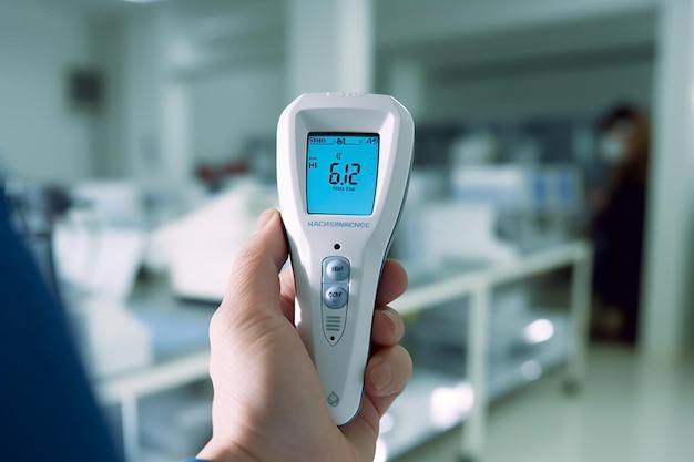 A person is holding a thermometer with the temperature 6. 6