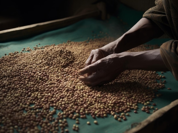 A person is holding a tray of beans in front of a green cloth.