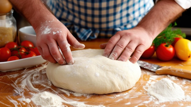 A person is kneading dough on top of a wooden table surrounded by flour and kitchen utensils