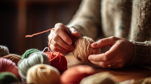 人が毛糸玉で編み物をしています。