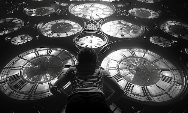 A person is laying on the ground in front of a large clock The clock has many faces and the person is looking at the clock