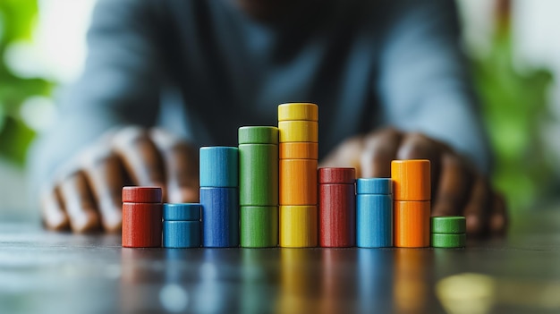 한 사람이 테이블 위에 다채로운 블록을 쌓고 있습니다. 블록은 각 블록이 다른 값을 나타내는 바 그래프와 비슷한 방식으로 배열되어 있습니다.