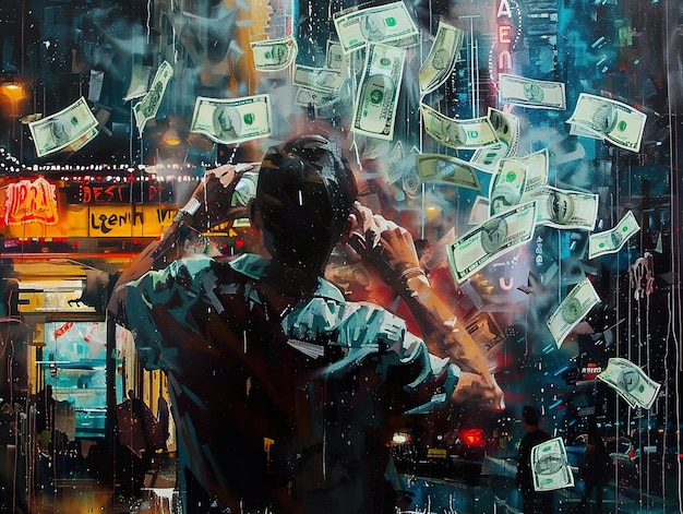 a person is looking at a bunch of money that says  money