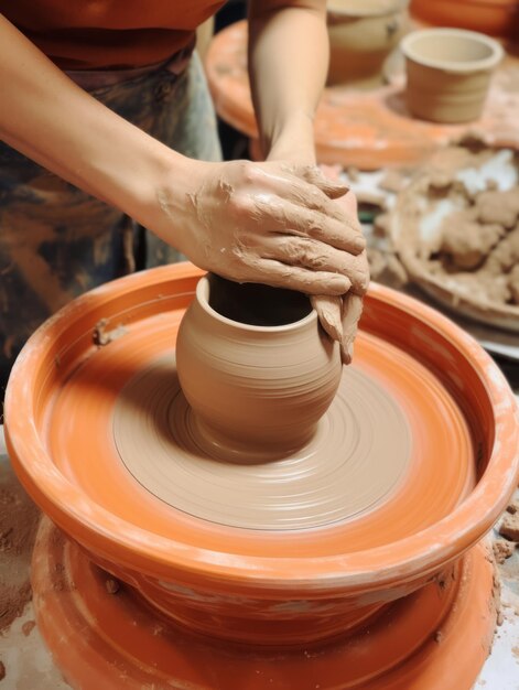 人が陶器の輪で粘土の鍋を作っている