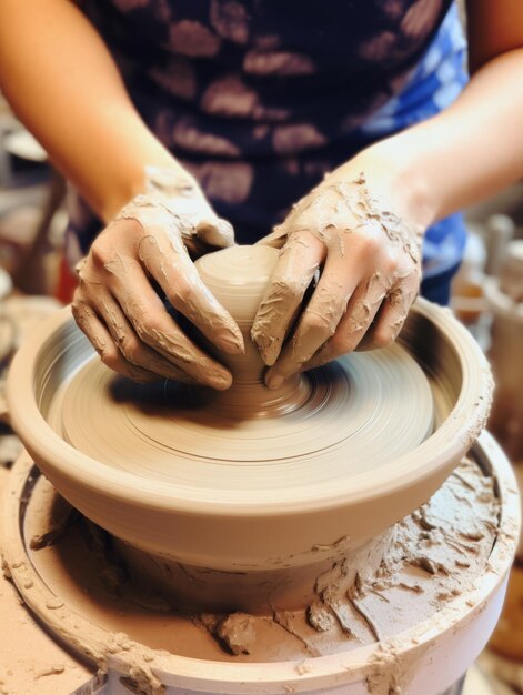 Photo a person is making a clay pot on a pottery wheel