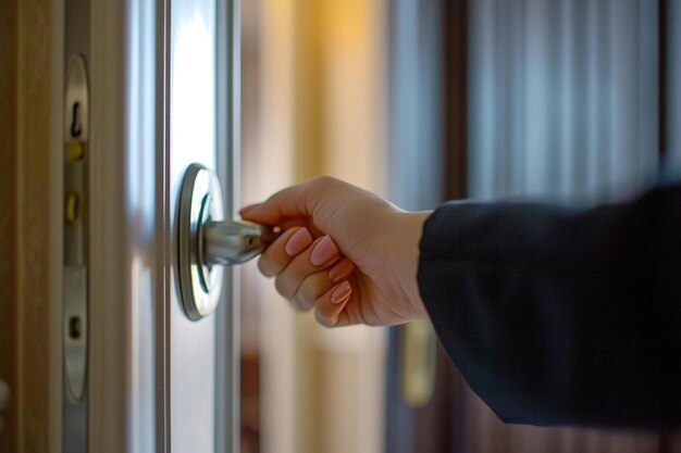 Photo a person is opening a door with a key