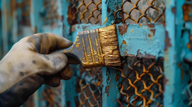 A person is painting a metal fence with a brush and gold paint on it and the paint is peeling