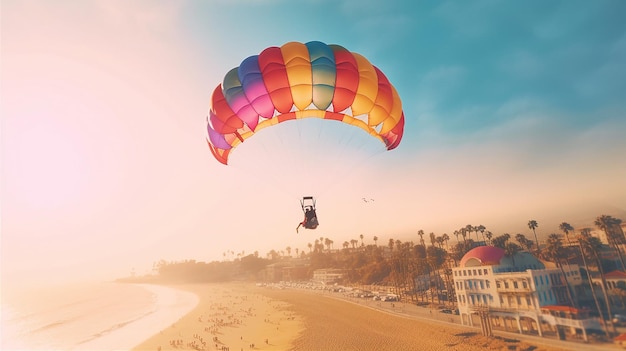 A person is paragliding on a beach with a building in the background.