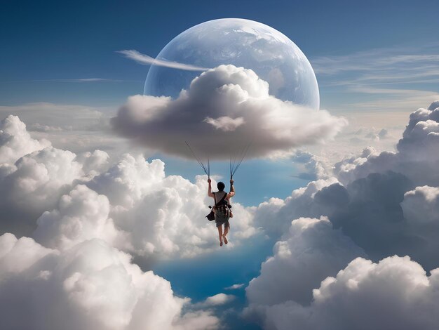 한 사람이 행성 위의 구름 속에서 패러세일링을 하고 있습니다.
