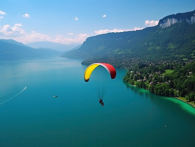 A person is parasailing in a mountain valley.