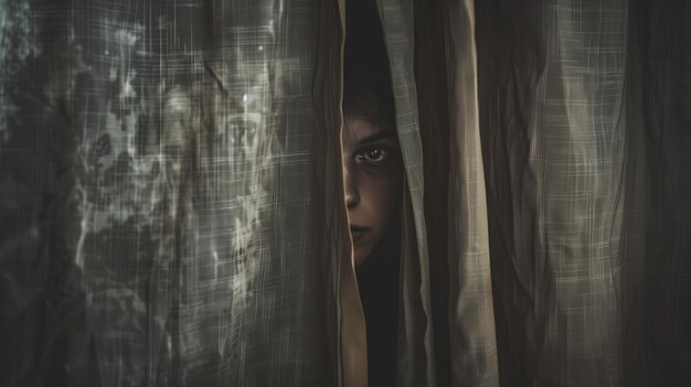Photo a person is peeking through a gap in dark patterned curtain with one eye visible