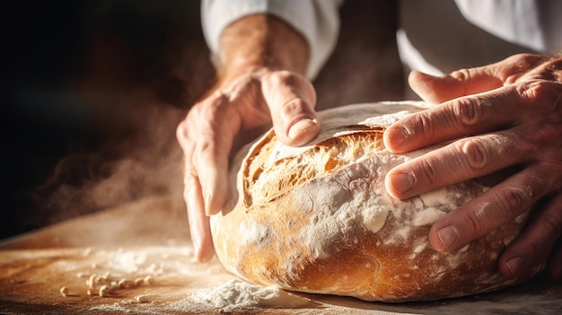 Человек кладет руку на свежеиспеченный хлеб Generative Ai