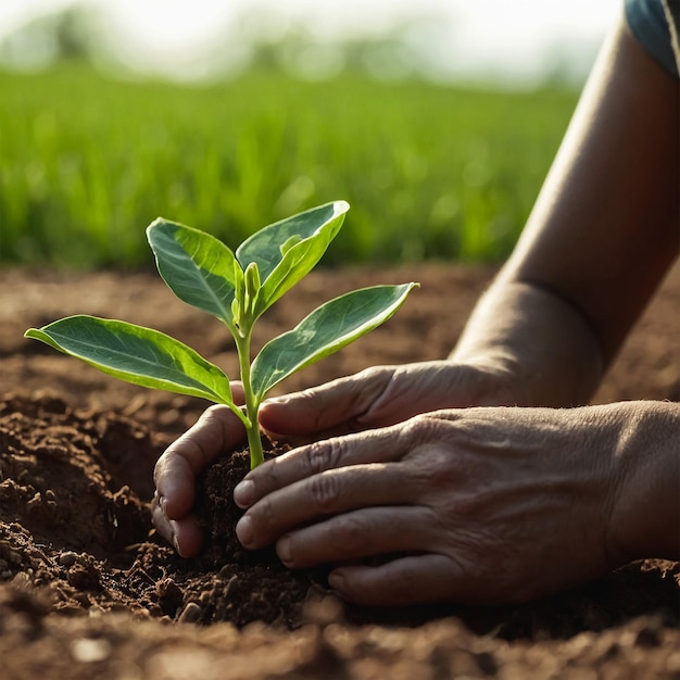 Photo a person is planting a plant in the dirt