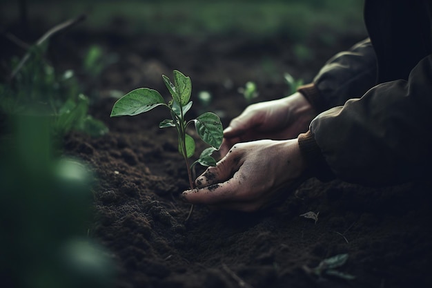 A person is planting a plant in a field.