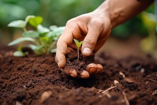 A person is planting a seedling in a garden.