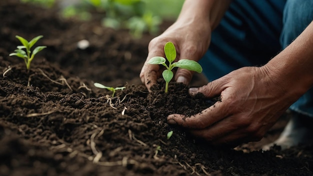 Photo a person is planting seedlings in a garden