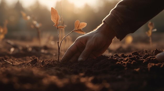 A person is planting a tree in a field