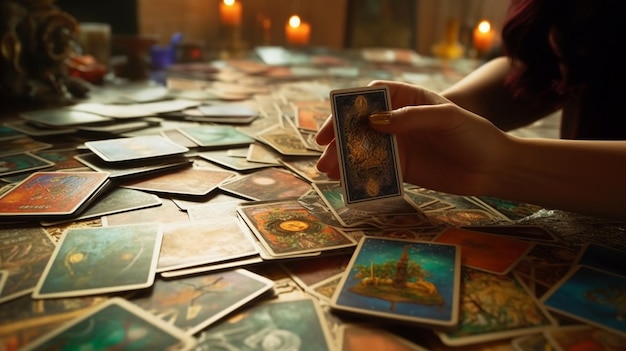 A person is playing a game of tarot cards with a candle in the background.
