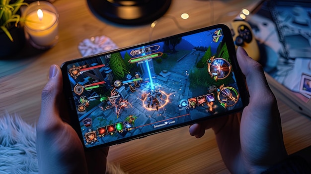 Photo a person is playing a game on their phone with a keyboard and mouse in the background