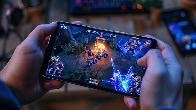 Photo a person is playing a video game on a phone the game is a fantasy game