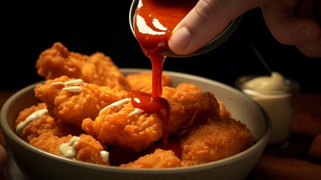 Photo a person is pouring sauce from a bowl of fried food