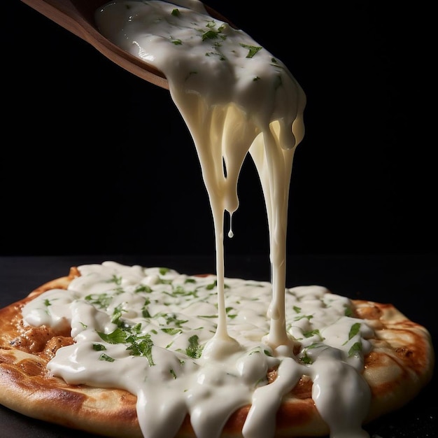 a person is pouring a sauce on a pizza with a wooden spoon.