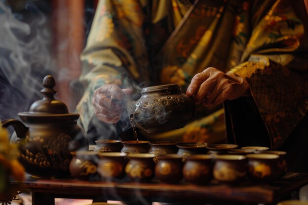 A person is pouring tea into a teapot and the steam is rising from the pot