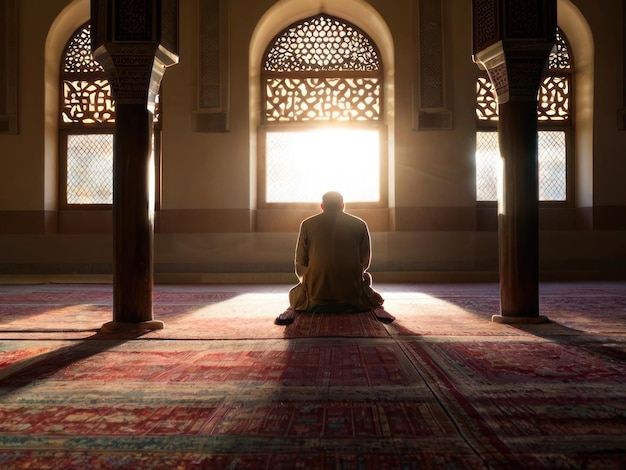 A person is praying in a quiet and ornately designed mosque with sunlight coming in through the wind