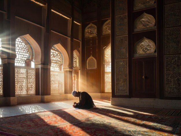 A person is praying in a quiet and ornately designed mosque with sunlight coming in through the wind