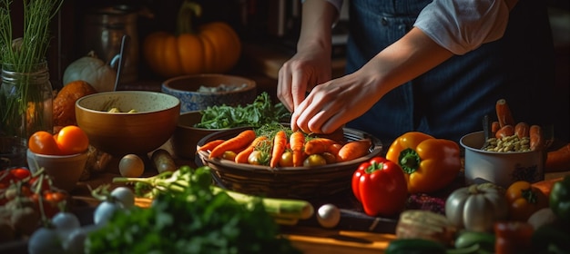 Человек готовит миску с овощами.