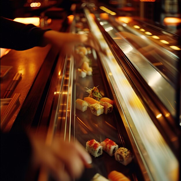 a person is pulling sushi out of a conveyor belt