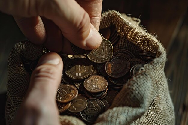 a person is putting a bag of coins into a bag of coins