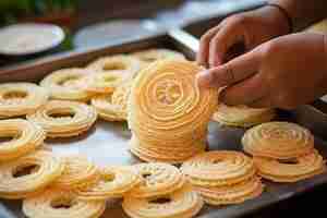 Photo a person is putting a circle of potato chips into a pan of food