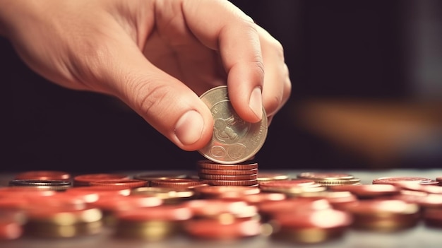 A person is putting a coin on top of a pile of coins.