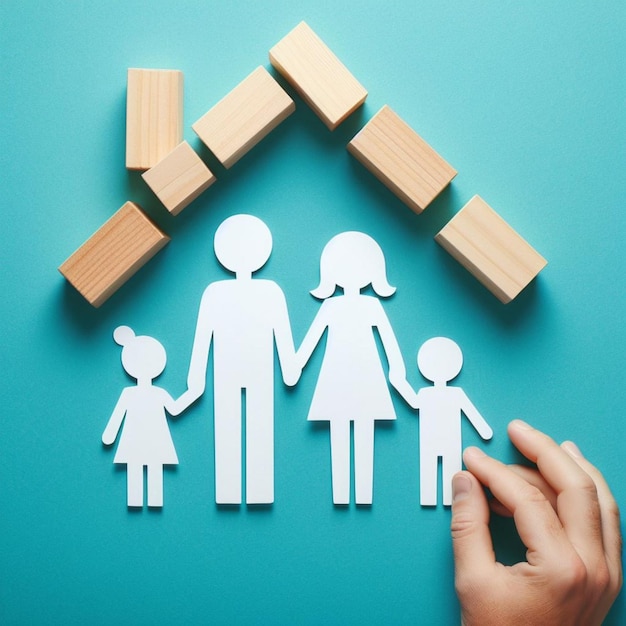 a person is putting a family pictures on a blue background