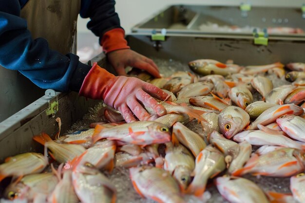 Foto una persona sta mettendo il pesce in un contenitore generativo ai