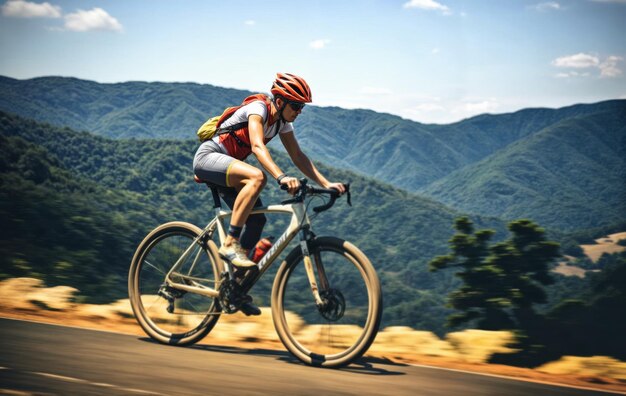 Photo a person is riding a mountain bike on a road