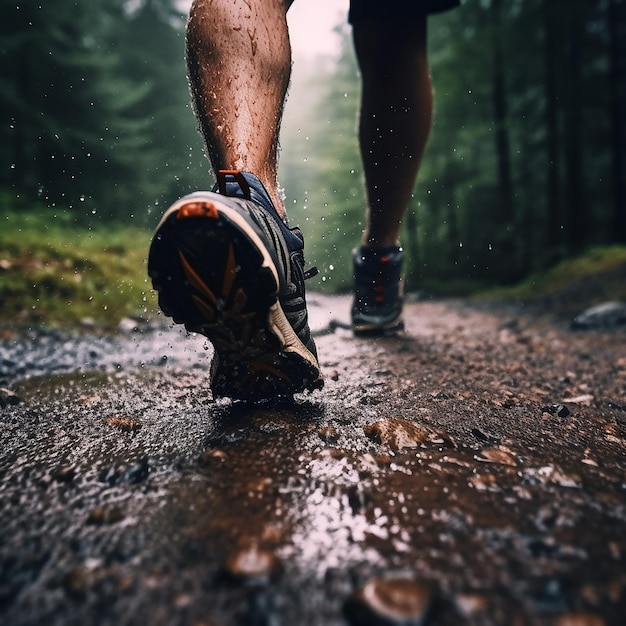 人が雨の中スケートボードを持って走っています。