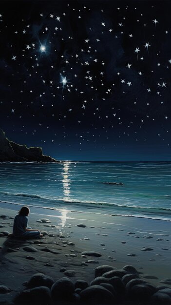 Photo a person is sitting on the beach under a starry sky