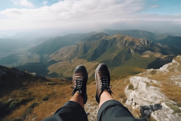 A person is sitting on a cliff with stunning view on mountains generative ai