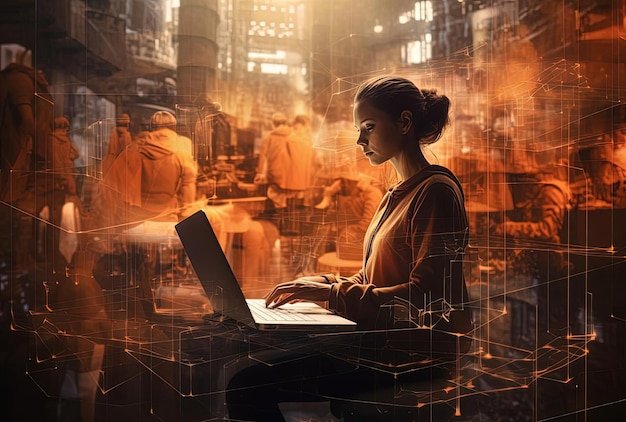 the person is sitting on a computer in the style of multiple exposure