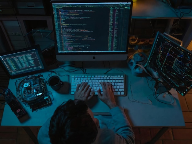 a person is sitting at a desk with a computer and a monitor showing the code code