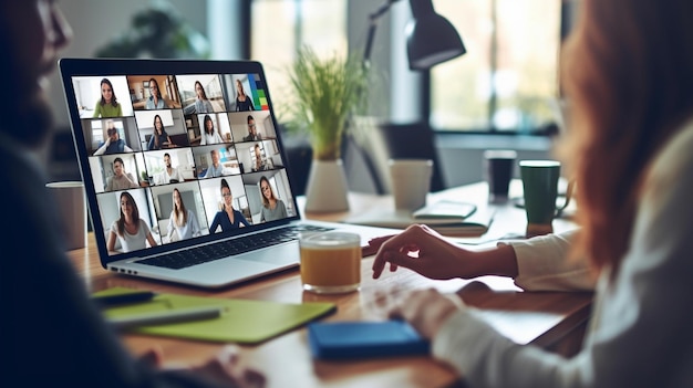 A person is sitting at a desk with a laptop and a laptop with a screen that says'it's a video conference '