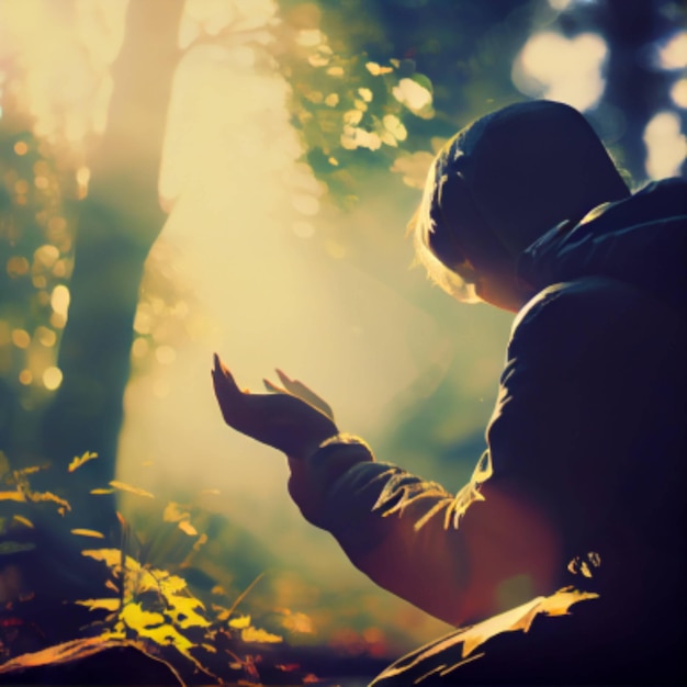 Photo a person is sitting in a forest and the sun is shining through the trees.