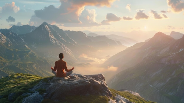 A person is sitting on a mountain top practicing yoga The mountains in the background create a serene and peaceful atmosphere