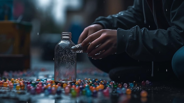 A person is sitting on a table with a bottle of water and a bunch of colorful beads on it.