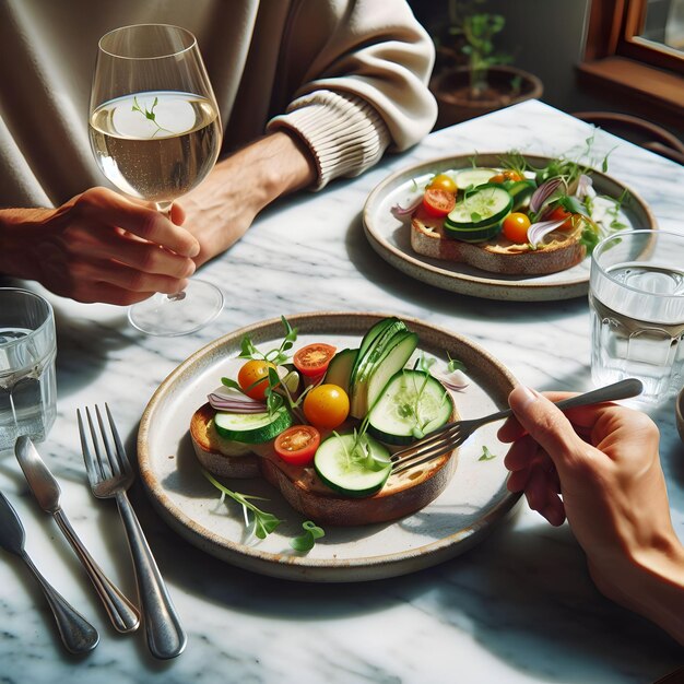 a person is sitting at a table with a plate of salad and a glass of water