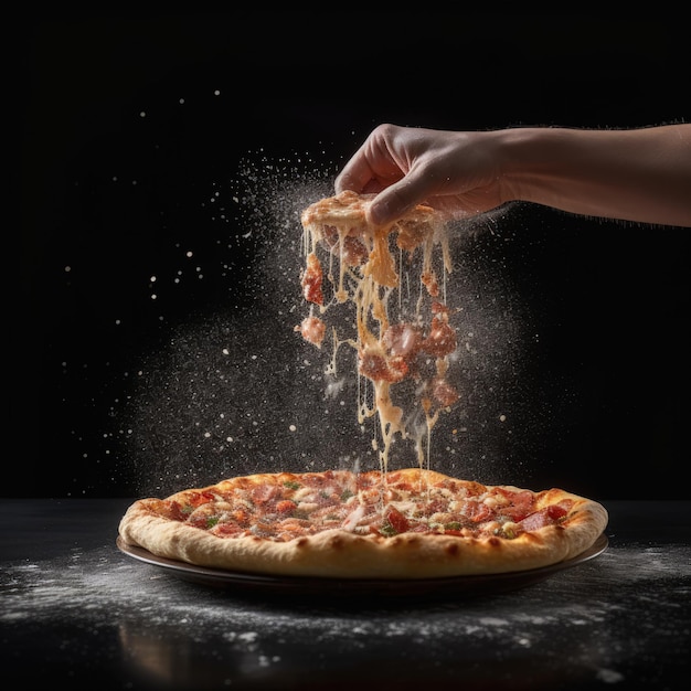 Photo a person is sprinkling cheese on a pizza with a black background.