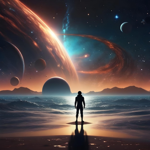 A person is standing on another planet looking into the galaxy